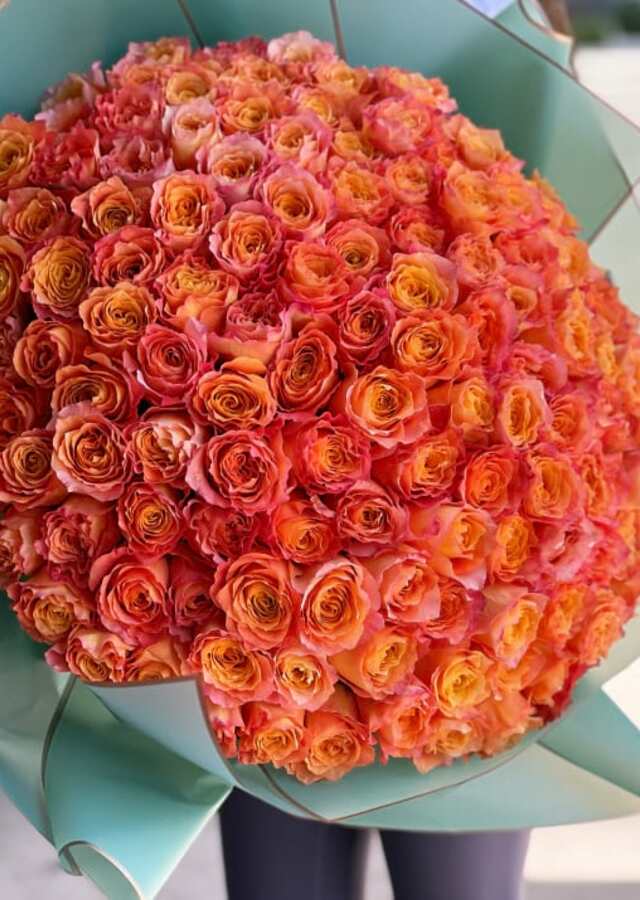 100 orange roses in a vase