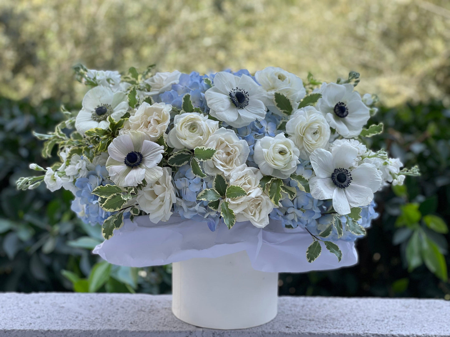 Box N.2 Blue hydrangea with garden roses and beautiful anemones