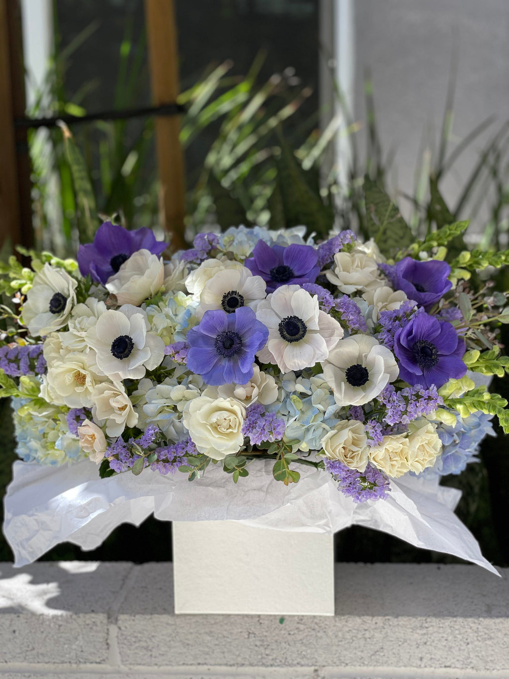 Caja N.16 Hortensia azul con mix de anémonas espectaculares