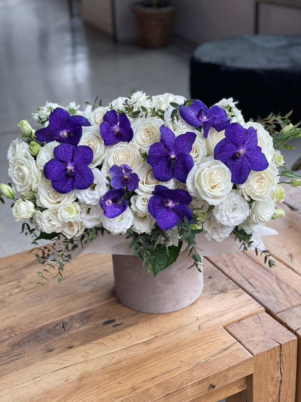 Box with purple orchids
