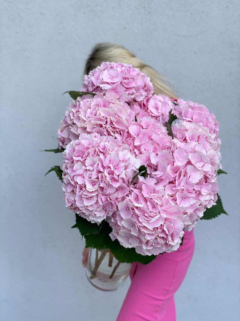 Ramo de hortensias premium en un jarrón alto.