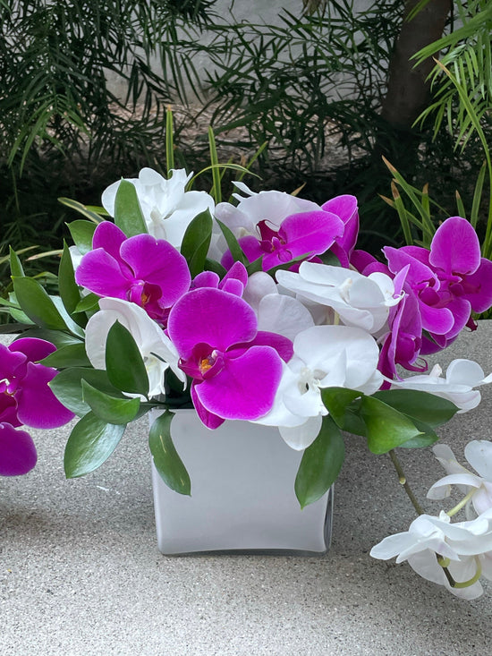 Purple and white orchids in a medium vase