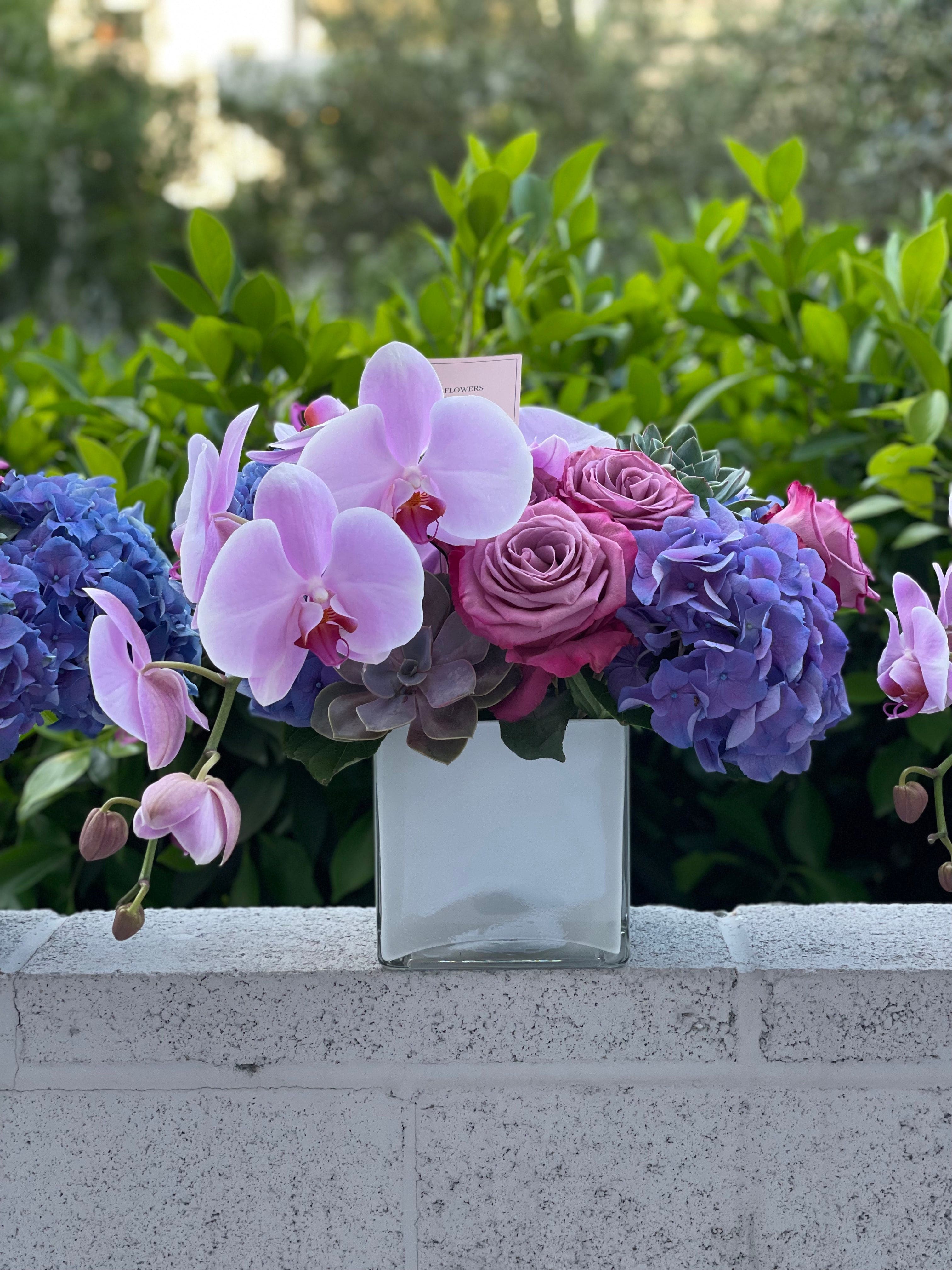 Arreglo floral con orquídea y suculentas en jarrón cuadrado de vidrio.