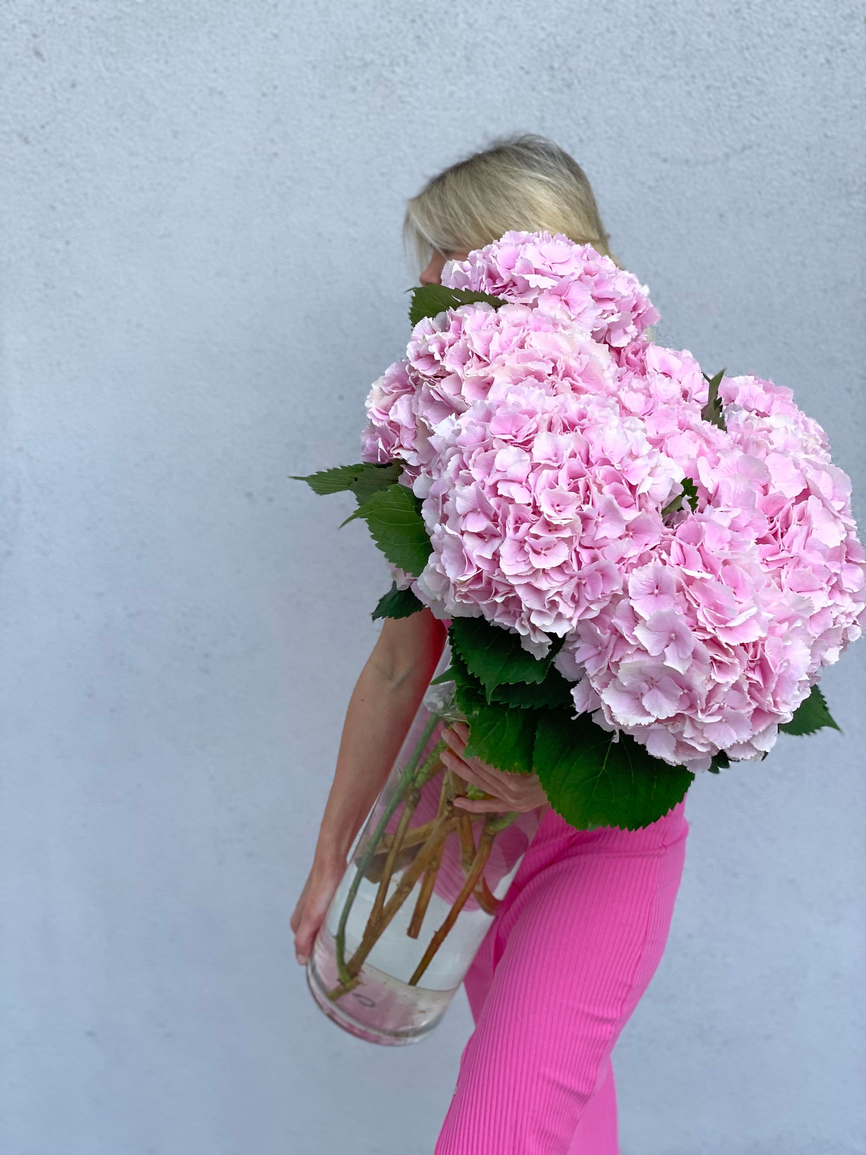 Ramo de hortensias premium en un jarrón alto.